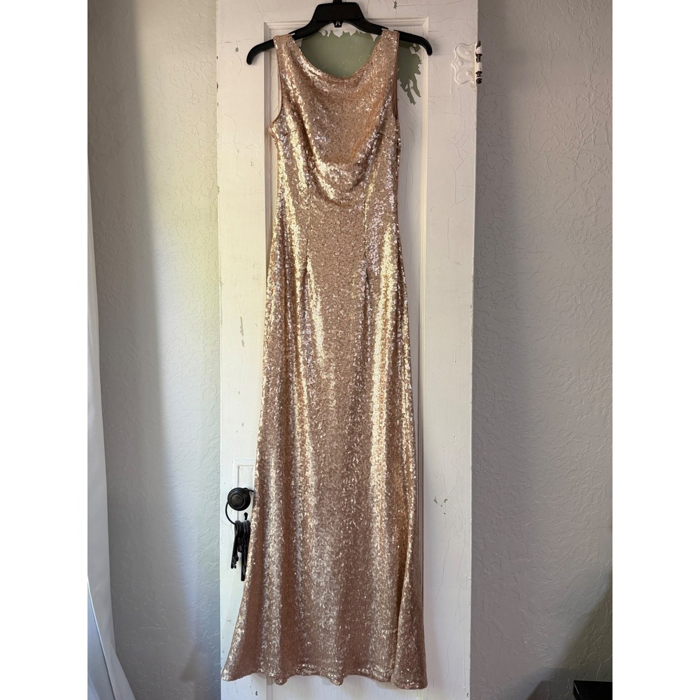 Lulus Rose Gold Sequin Cowl Neck Open Back Maxi Gown IDA70059